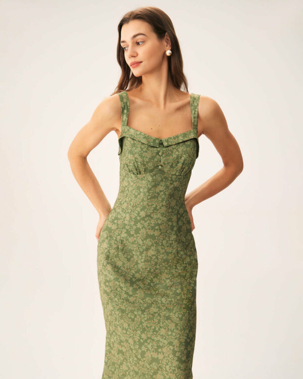 Green Floral Square Neck Slip Midi Dress - Image 7
