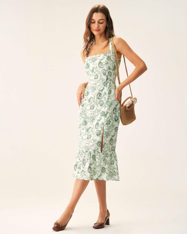 Green Floral Square Neck Midi Dress - Image 2