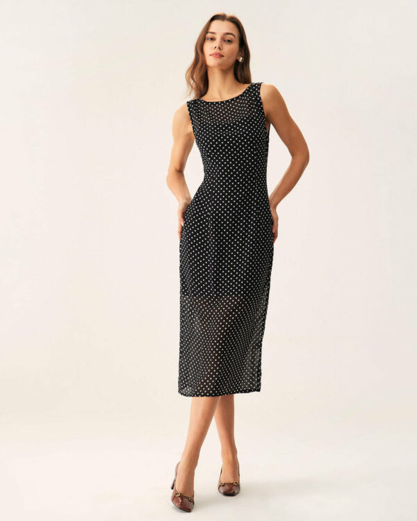 Black Polka Dot Boat Neck Midi Dress - Image 3