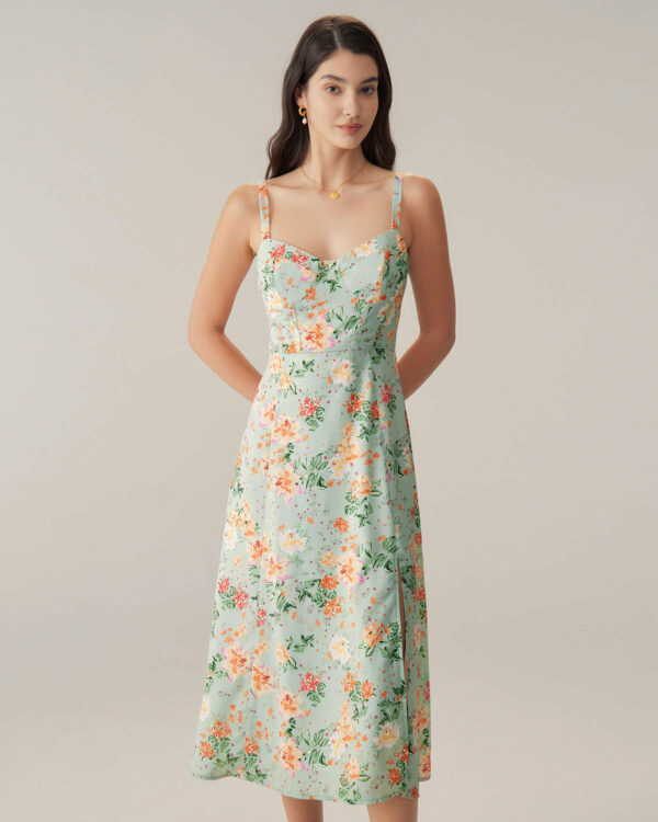 Green Floral Neck Slip Midi Dress
