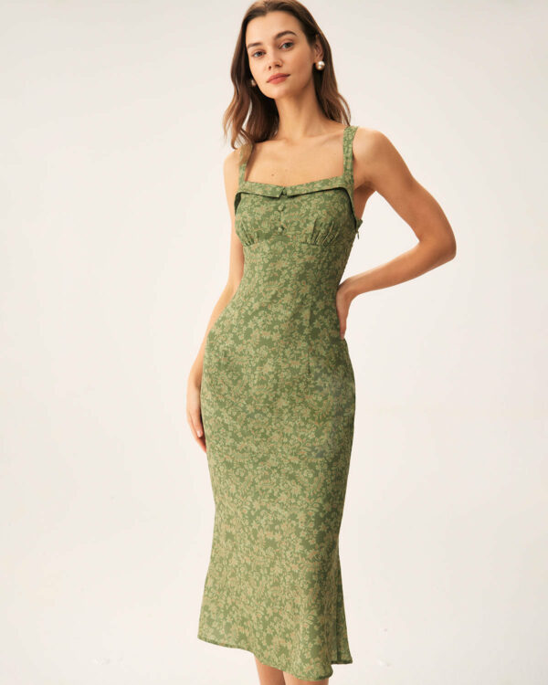 Green Floral Square Neck Slip Midi Dress - Image 4