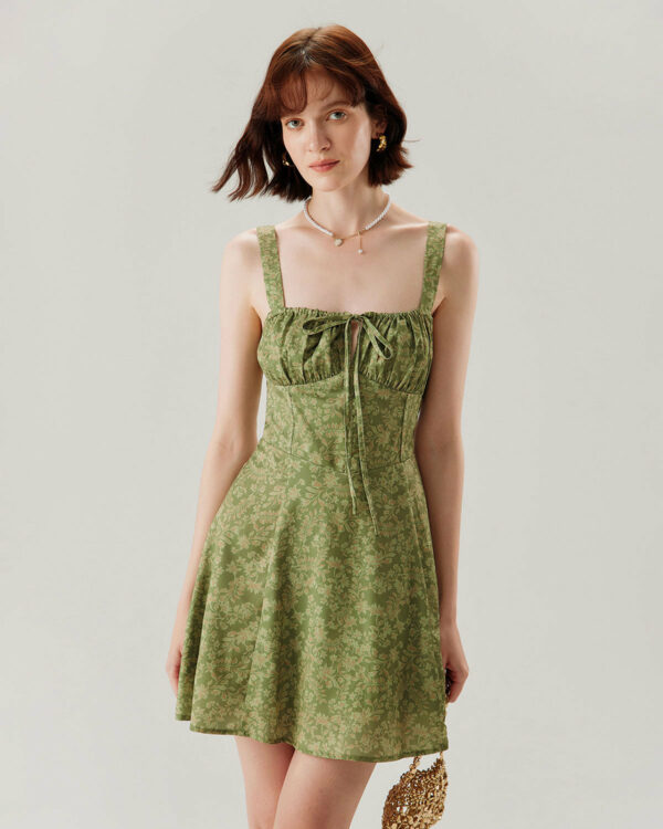 Green Floral Ruched Slip Mini Dress - Image 4