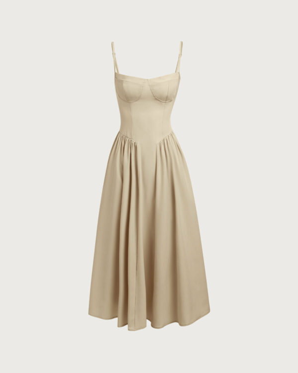 Khaki Square Neck Pocket Slip Midi Dress - Image 4
