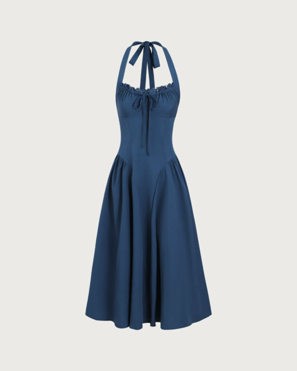 Navy Ruched Halter Midi Dress - Image 7