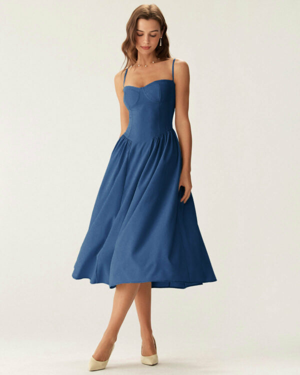 Navy Square Neck Pocket Slip Midi Dress - Image 4