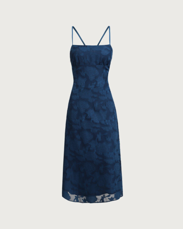Navy Jacquard Slip Backless Maxi Dress - Image 6