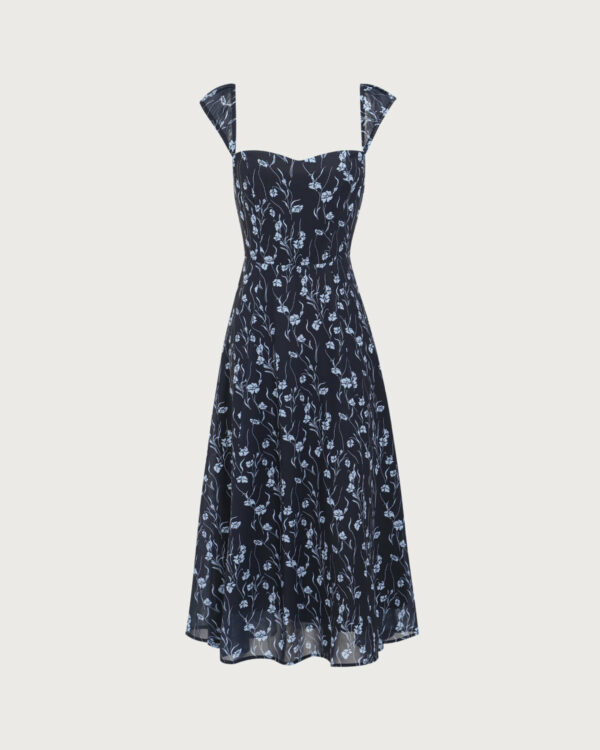 Navy Floral Neck Midi Dress - Image 5