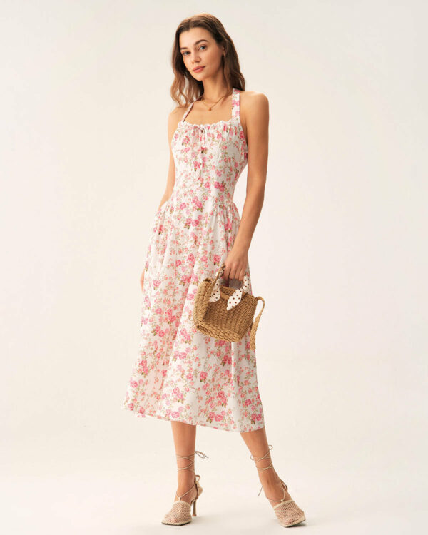 Pink Floral Halter Midi Dress - Image 4