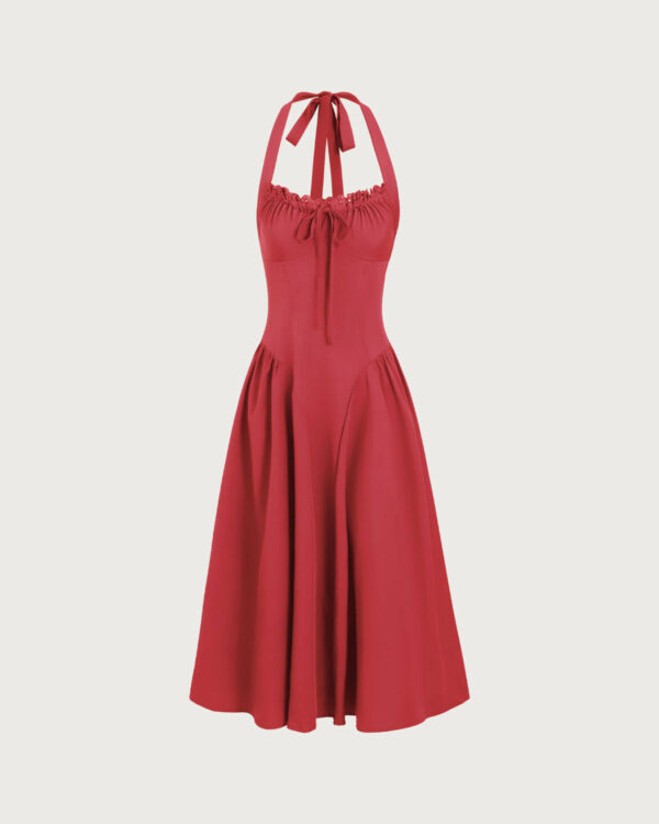 Red Ruched Halter Midi Dress - Image 5