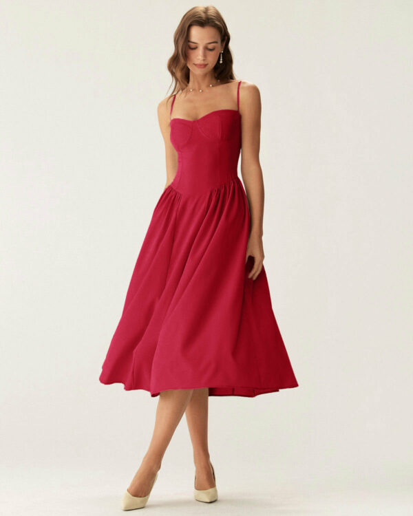 Red Square Neck Pocket Slip Midi Dress - Image 4