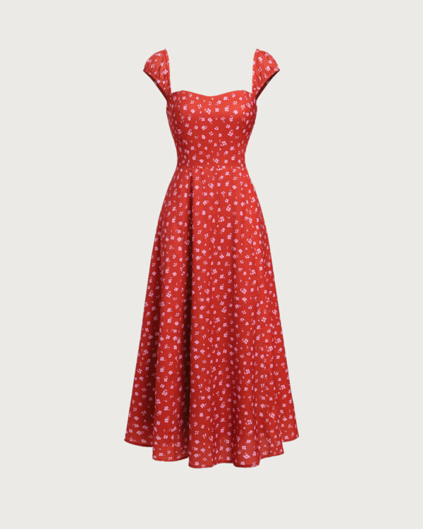Red Floral Neck Cap Sleeve Midi Dress - Image 9