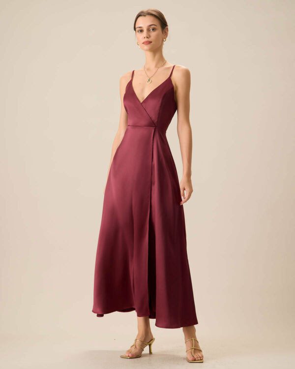 Red Satin Slit Maxi Dress - Image 3