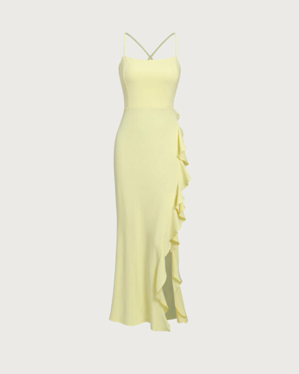 Yellow Ruffle Backless Slit Slip Maxi Dress - Image 6