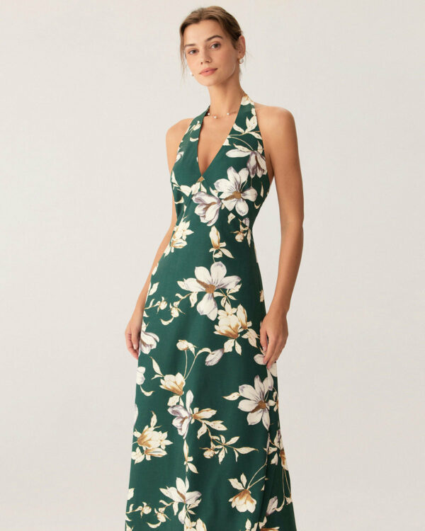 Green Floral Halter Maxi Dress - Image 3