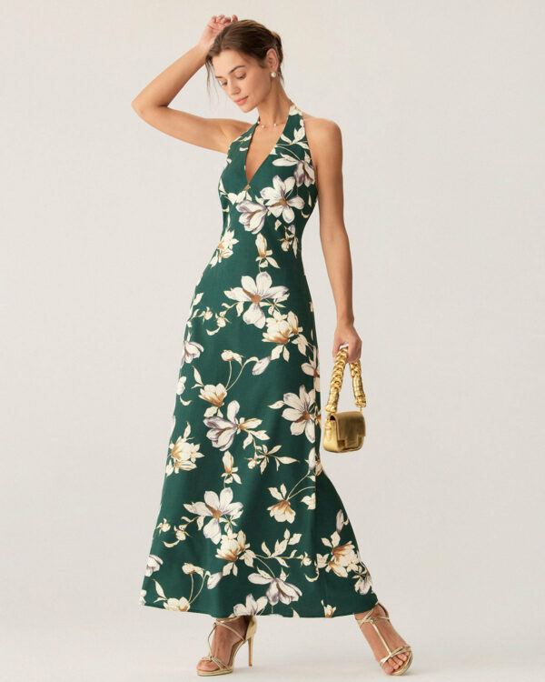 Green Floral Halter Maxi Dress - Image 5