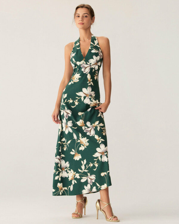 Green Floral Halter Maxi Dress