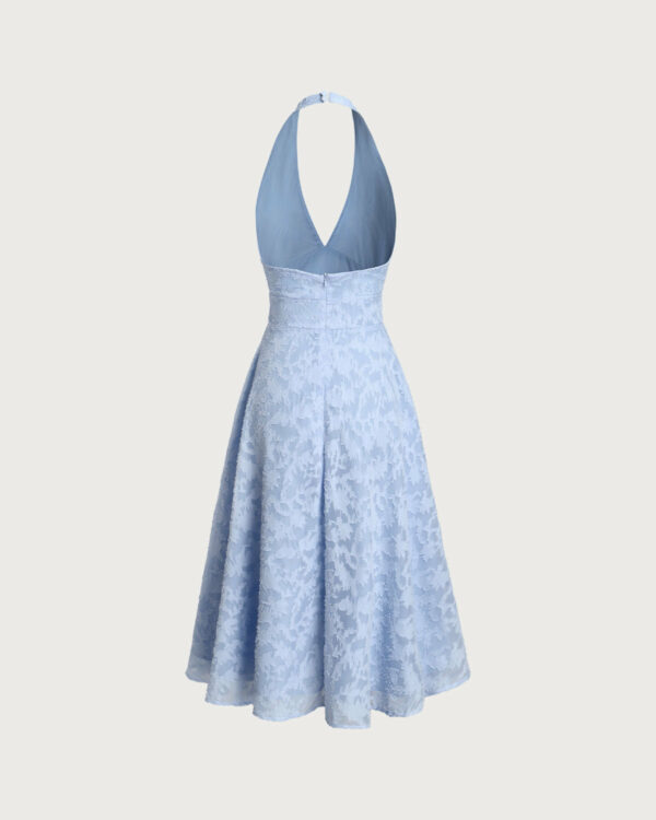 Blue Textured Backless Halter Midi Dress - Image 3