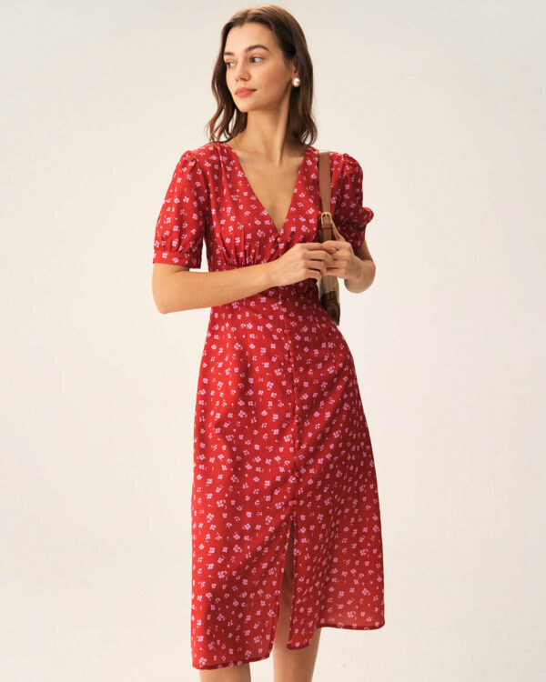 Red Polka Dot Ruched Midi Dress - Image 3