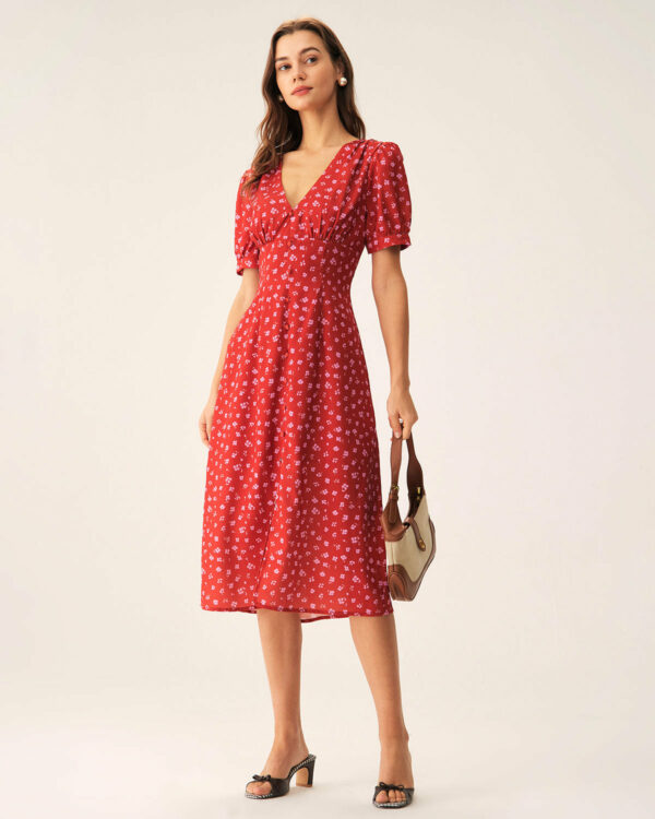 Red Polka Dot Ruched Midi Dress - Image 5