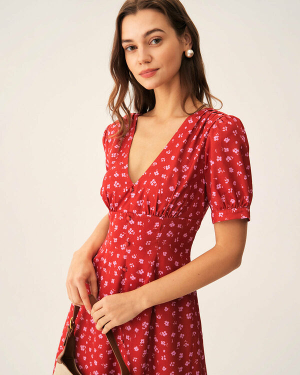 Red Polka Dot Ruched Midi Dress - Image 2