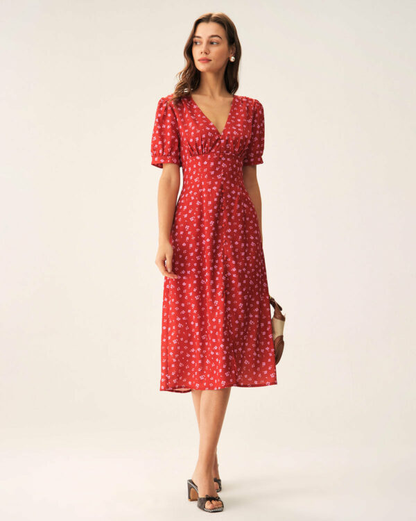 Red Polka Dot Ruched Midi Dress - Image 4