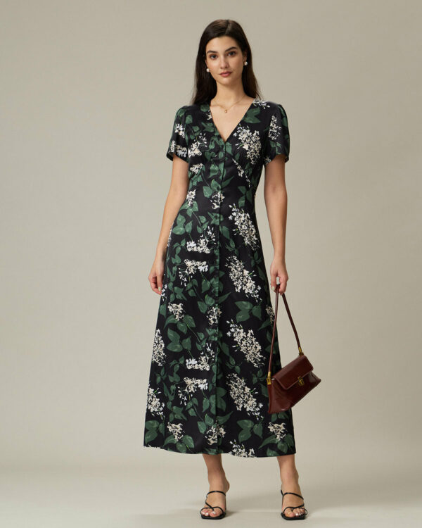 Black V Neck Floral Midi Dress - Image 3