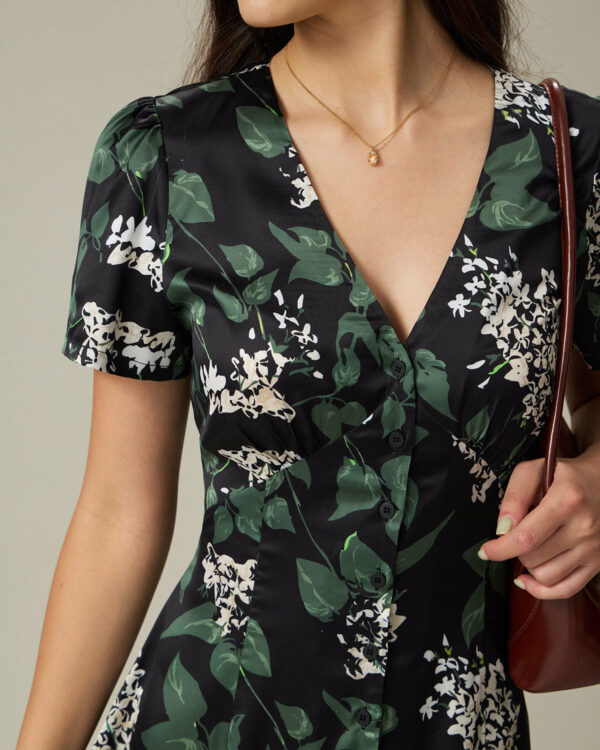 Black V Neck Floral Midi Dress - Image 2