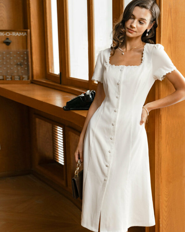 White Square Neck Button Midi Dress - Image 3
