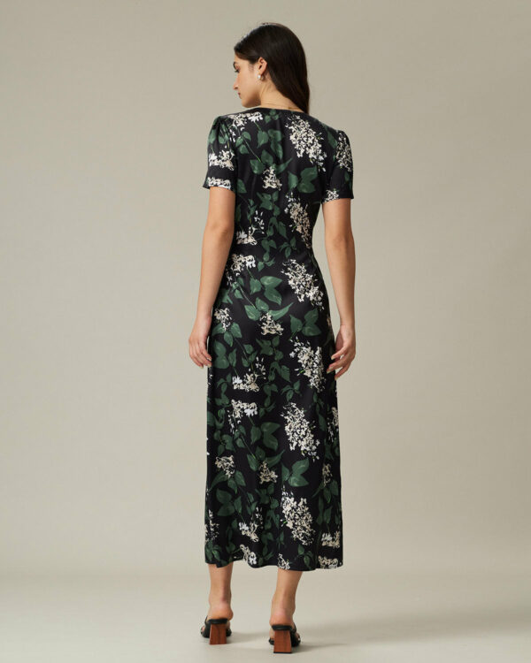 Black V Neck Floral Midi Dress - Image 5