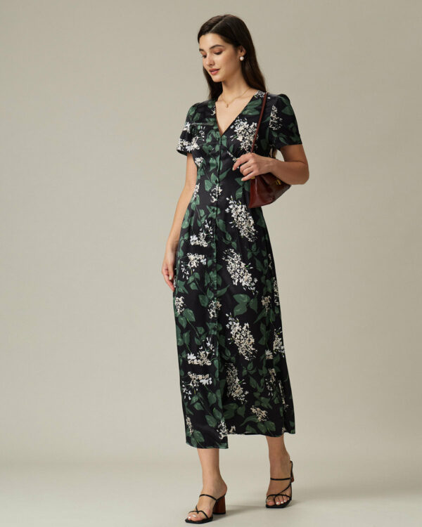 Black V Neck Floral Midi Dress - Image 4