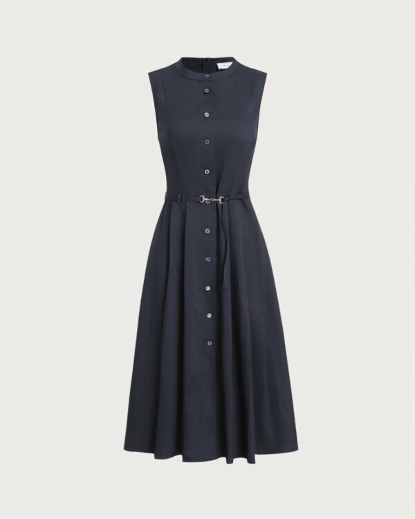 Navy Mock Neck High Waist Midi Dress - Image 6
