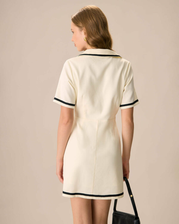 Women's Beige Lapel Contrasting Mini Dress - Image 4