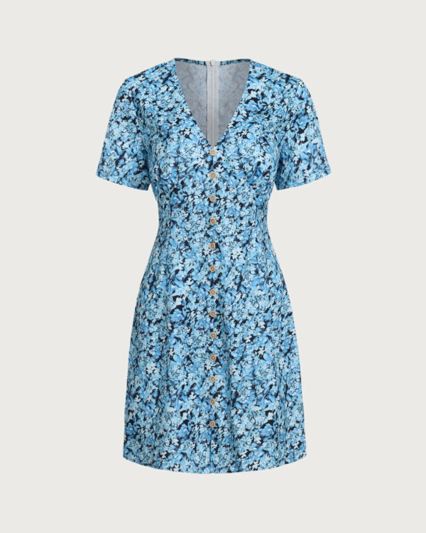 Blue Floral V-Neck Button Mini Dress - Image 6