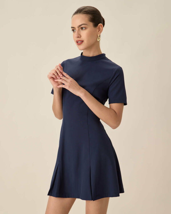 Blue Mock Neck Pleated Mini Dress - Image 3