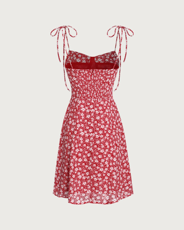 Red Floral Neck Slip Mini Dresses - Image 2