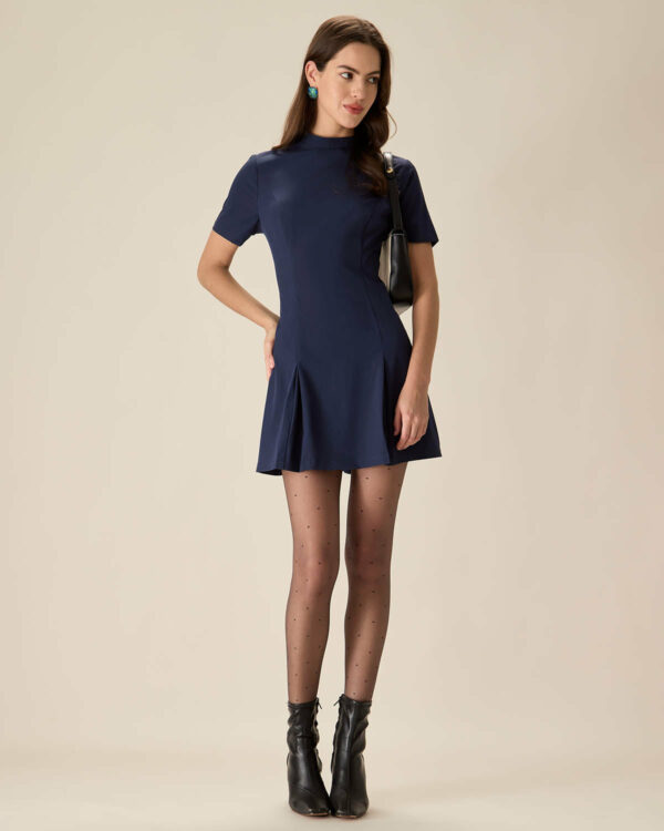 Blue Mock Neck Pleated Mini Dress - Image 4