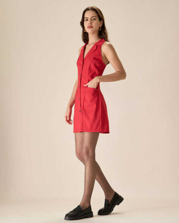 Red Collared Pocket Button Mini Dress - Image 5