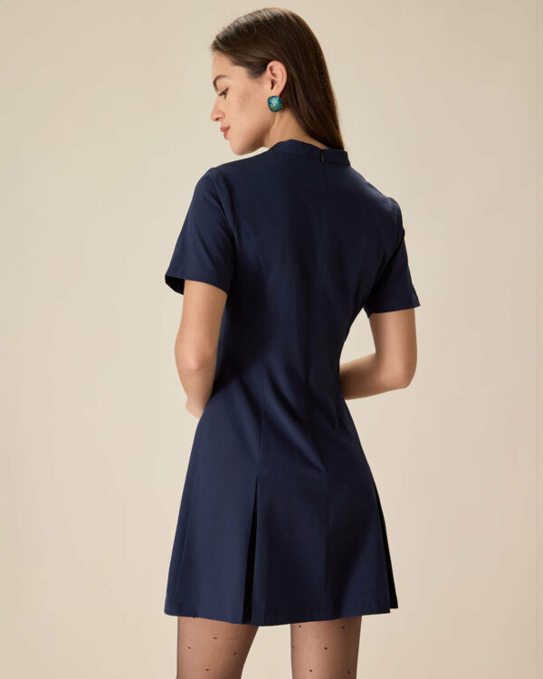 Blue Mock Neck Pleated Mini Dress - Image 5