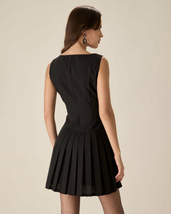 Black Boat Neck Pleated Mini Dress - Image 6