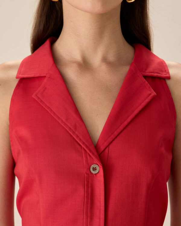 Red Collared Pocket Button Mini Dress - Image 2