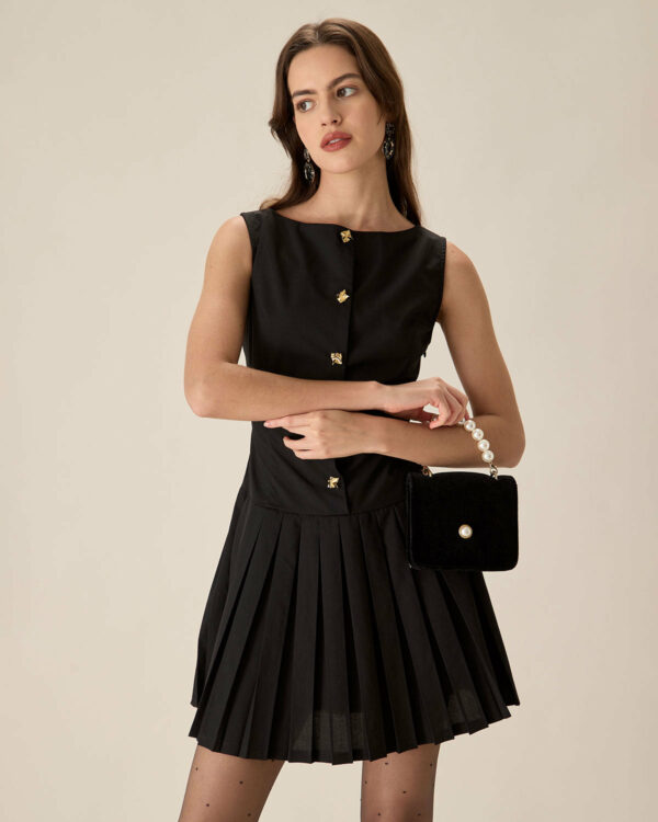 Black Boat Neck Pleated Mini Dress - Image 3