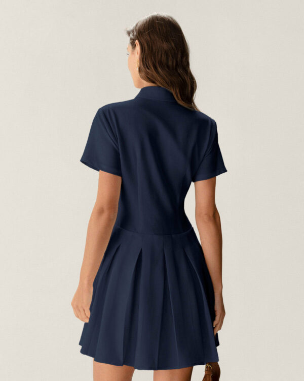 Navy Button Pleated Mini Dress - Image 4