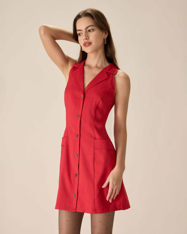 Red Collared Pocket Button Mini Dress - Image 3