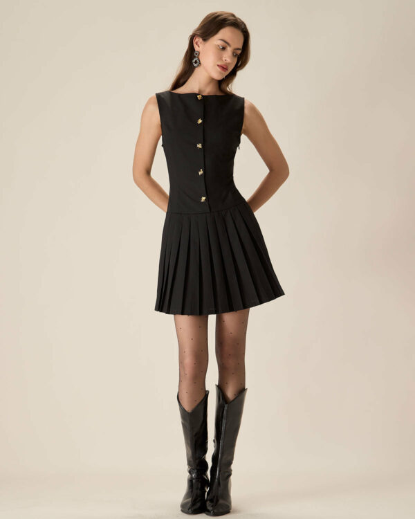 Black Boat Neck Pleated Mini Dress - Image 4