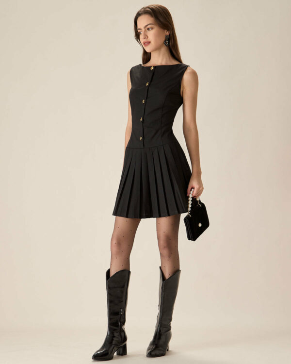 Black Boat Neck Pleated Mini Dress - Image 5