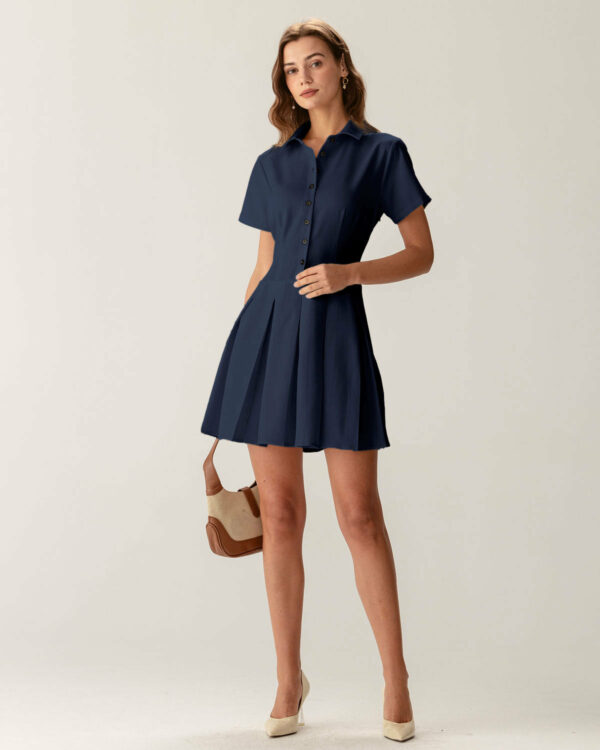 Navy Button Pleated Mini Dress - Image 3