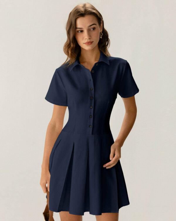 Navy Button Pleated Mini Dress