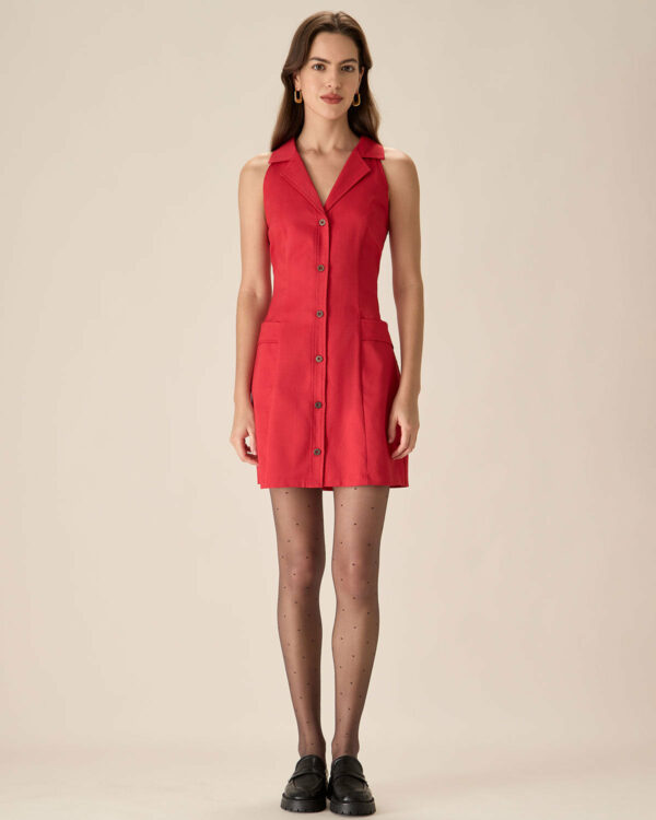 Red Collared Pocket Button Mini Dress - Image 4