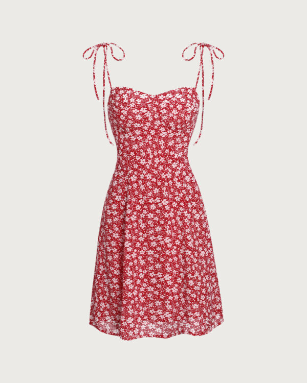 Red Floral Neck Slip Mini Dresses