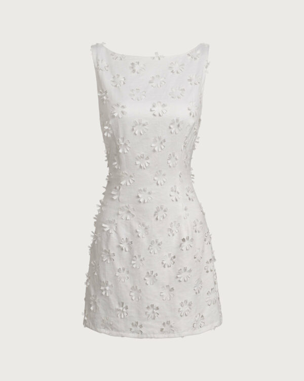 White Textured Boat Neck Sleeveless Mini Dress - Image 6